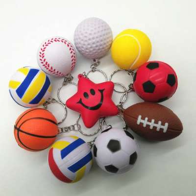 Promotional Basketball Football Anti Stress Reliver Custom PU Foam Sports Balls Shape Squeeze Toys Stress Ball with Keychain